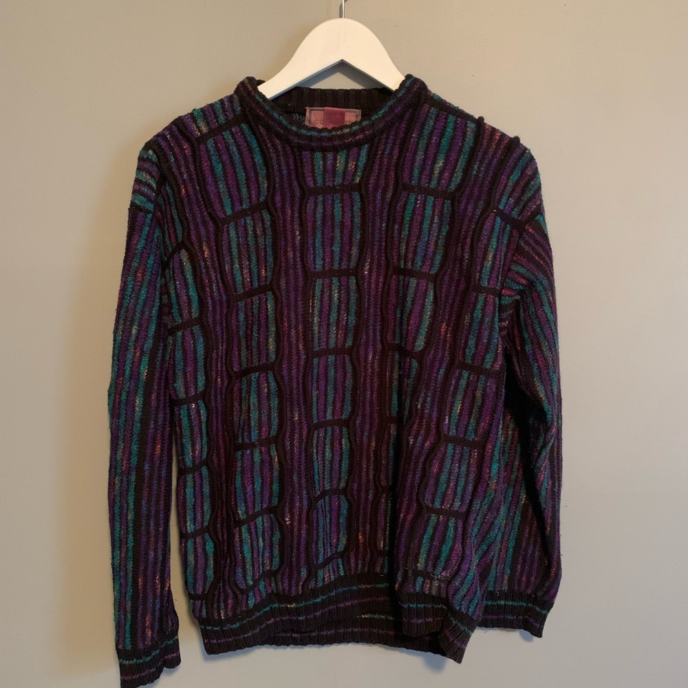 Vintage Men's Multicolor Striped Crewneck Sweater - Purple & Teal